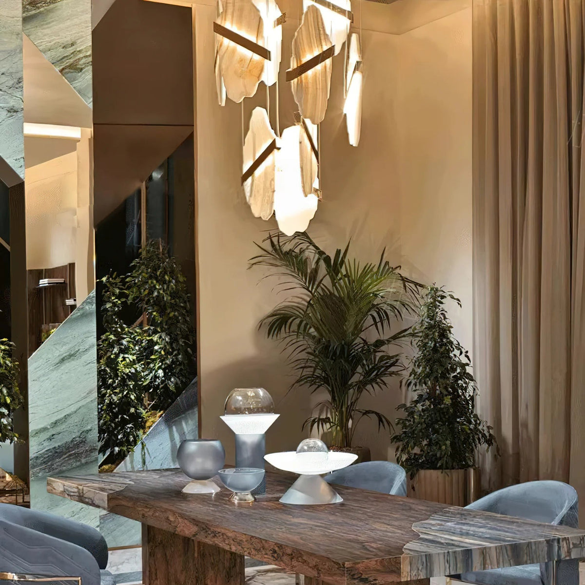Auralith chandelier hanging view showing marble accents and multi-tier crystal design, luxurious lighting