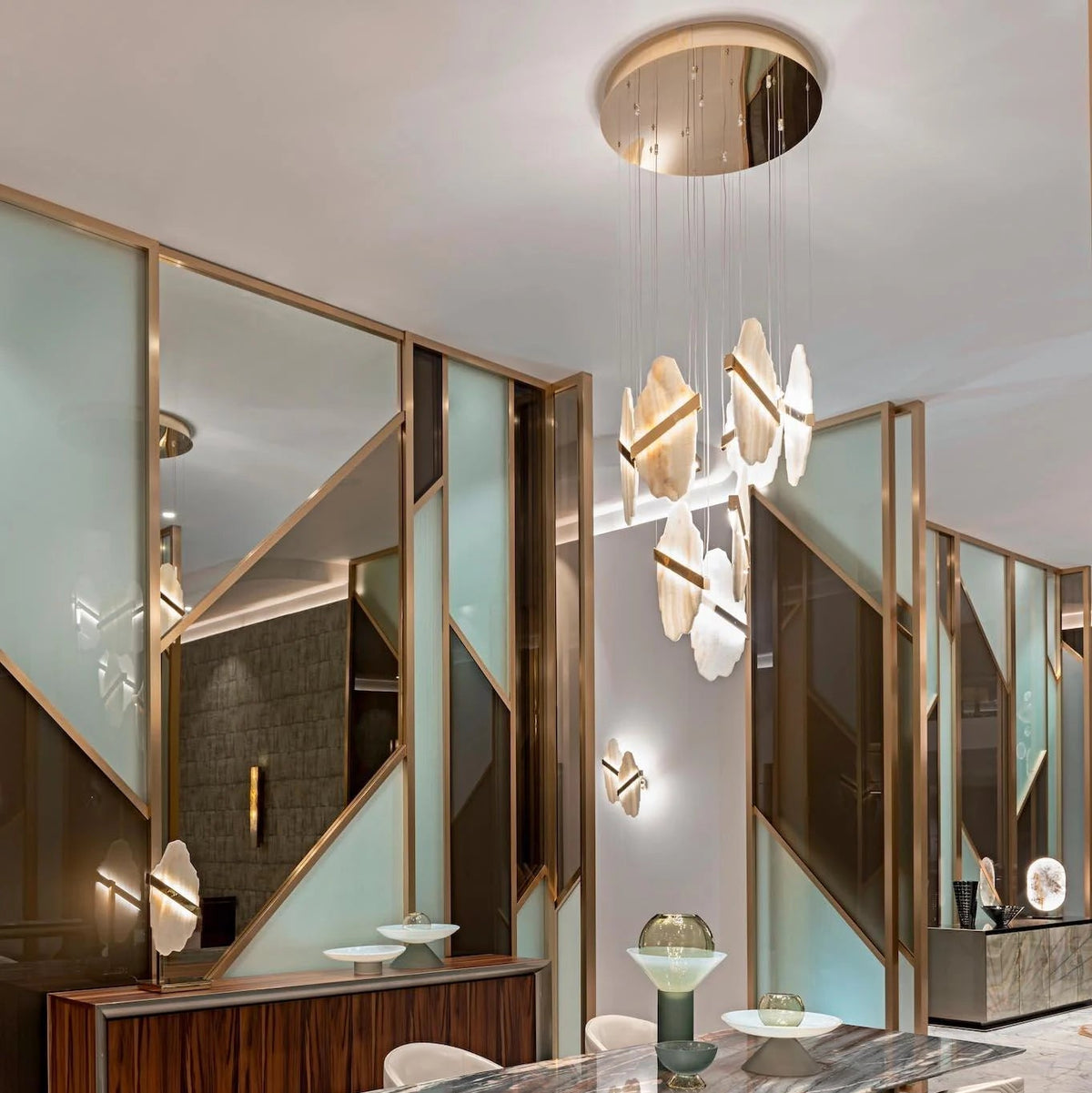 Auralith chandelier living room hanging view with marble accents and multi-tier crystal design, luxury lighting