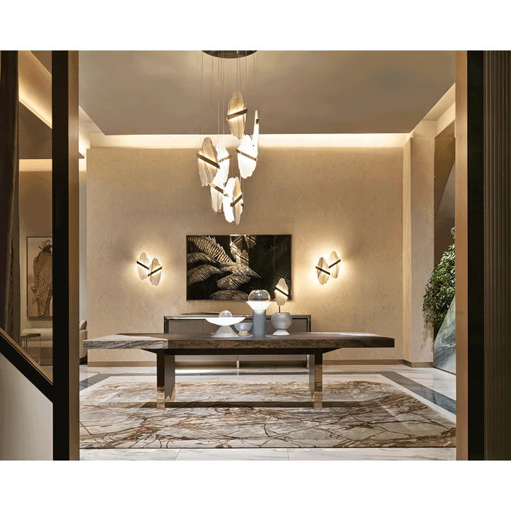 Auralith chandelier hanging view in luxury living room with marble accents and multi-tier crystal design
