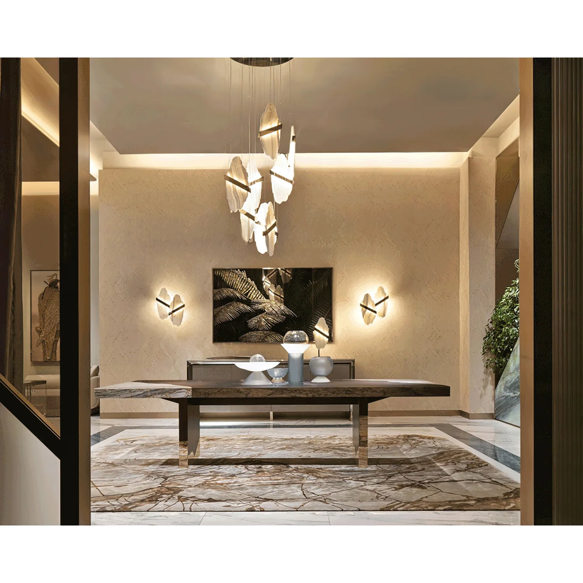 Auralith chandelier hanging view in luxury living room with marble accents and multi-tier crystal design
