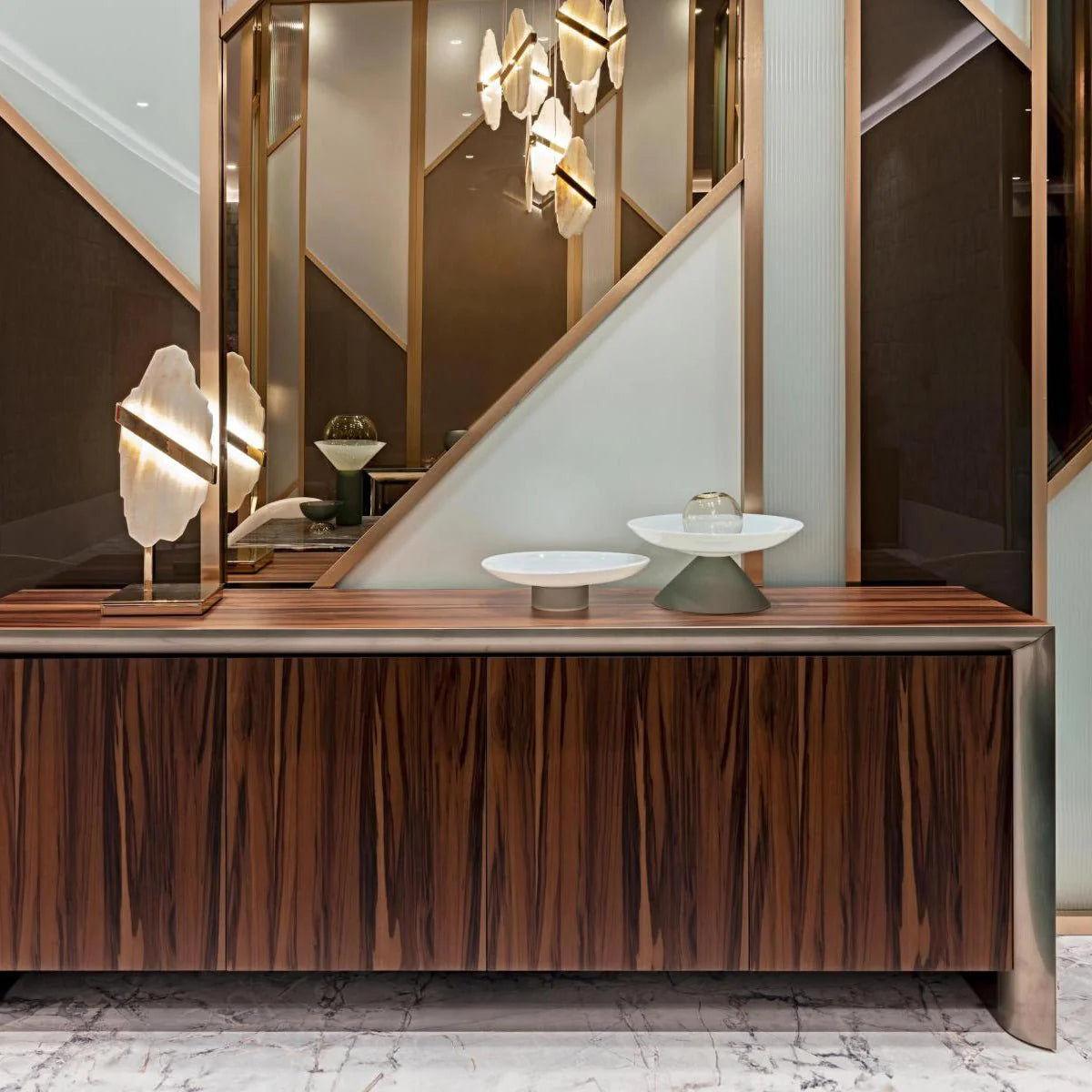 Auralith chandelier front view with marble accents and multi-tier crystal design, elegant luxury lighting