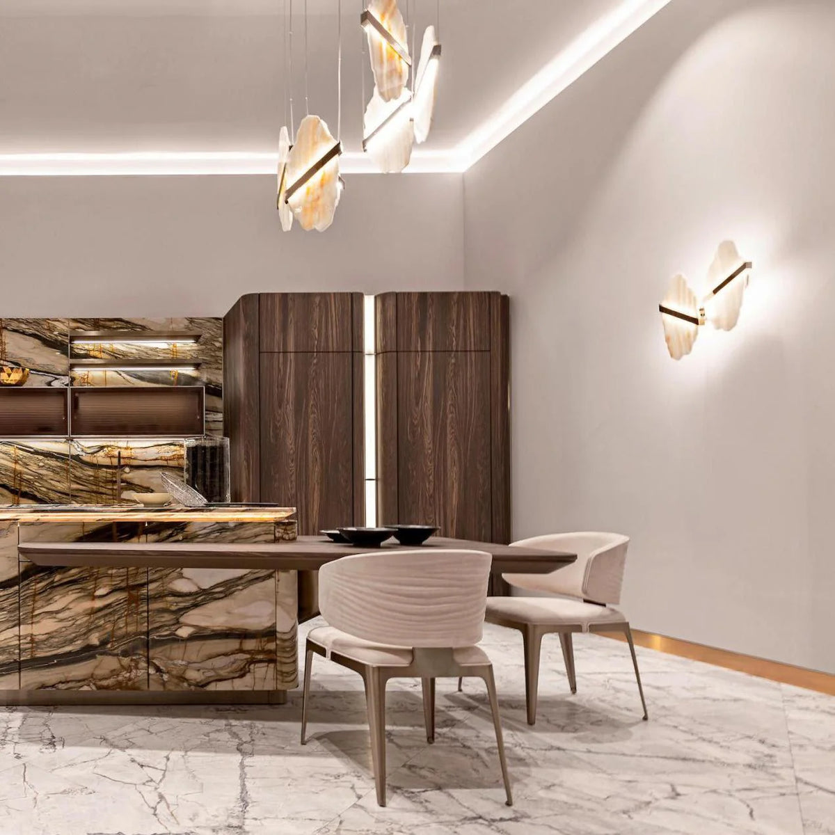 Auralith chandelier hanging in luxury kitchen with marble accents and multi-tier crystal design, elegant lighting