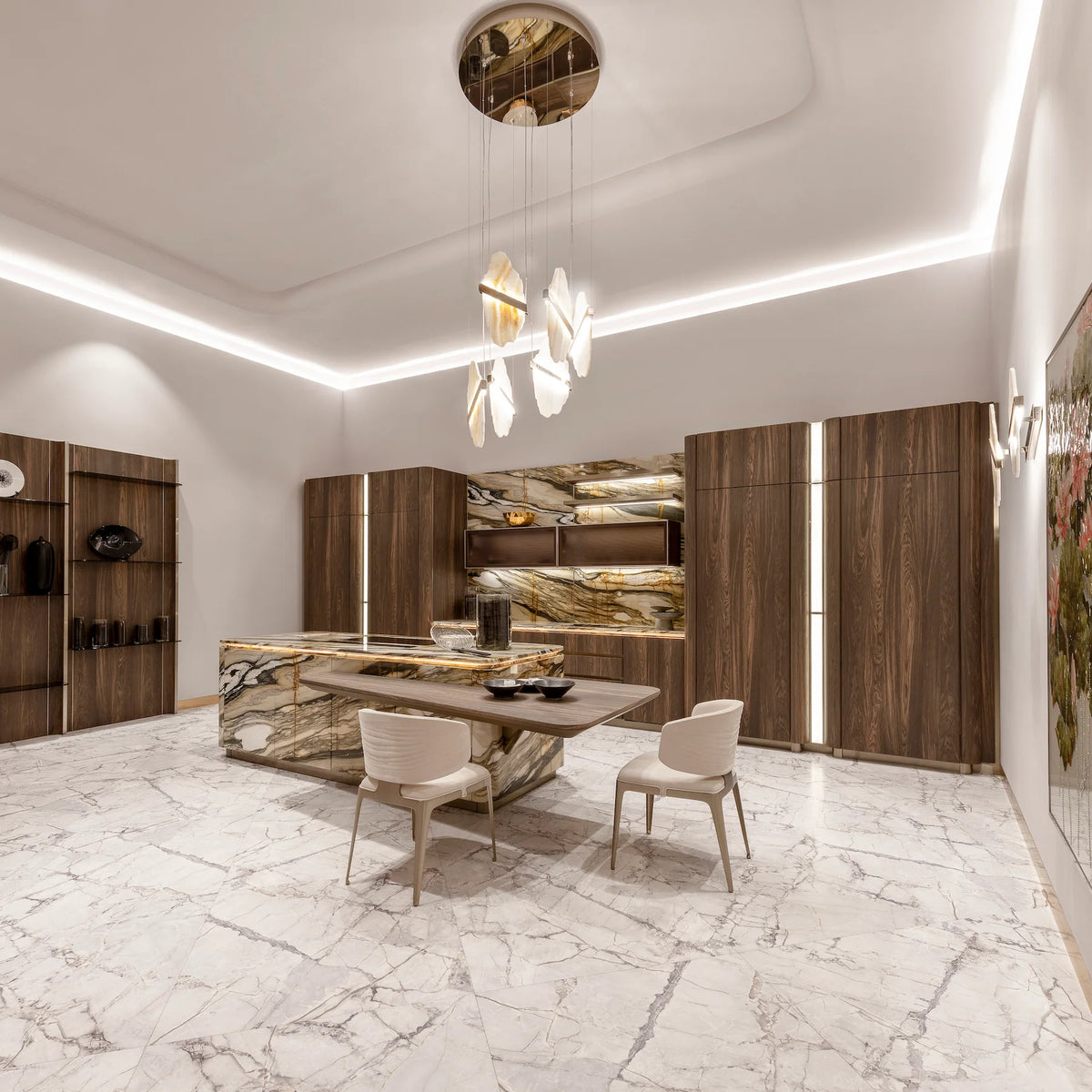 Auralith chandelier above luxury dining table with marble accents and multi-tier crystal design, elegant lighting