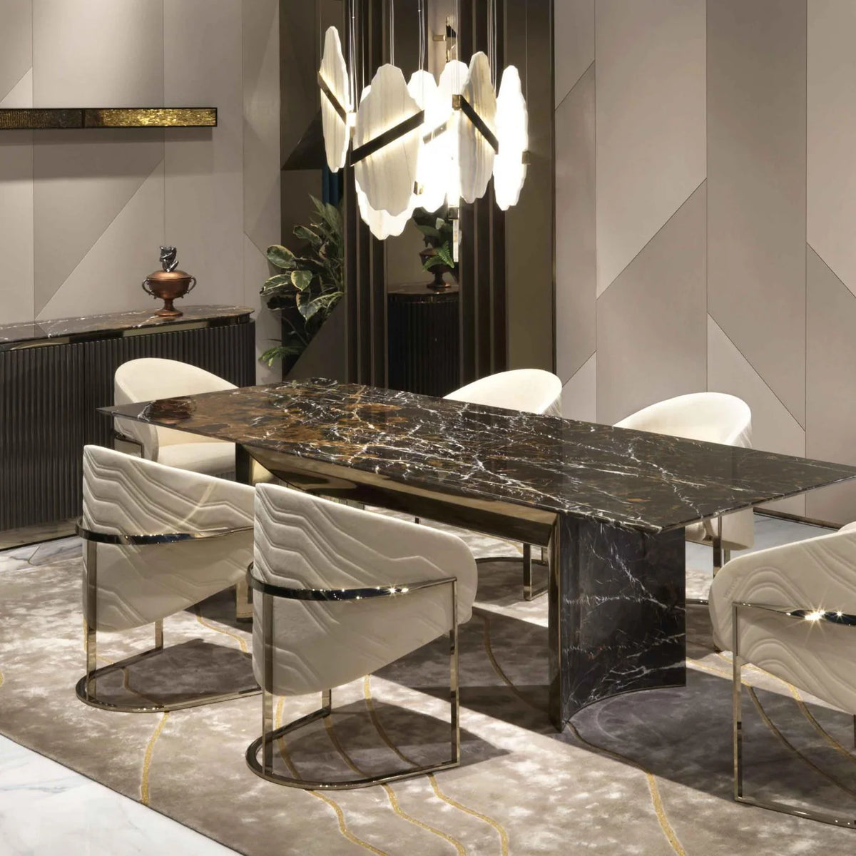 Auralith chandelier dining view with marble accents and multi-tier crystal design, luxurious elegant lighting