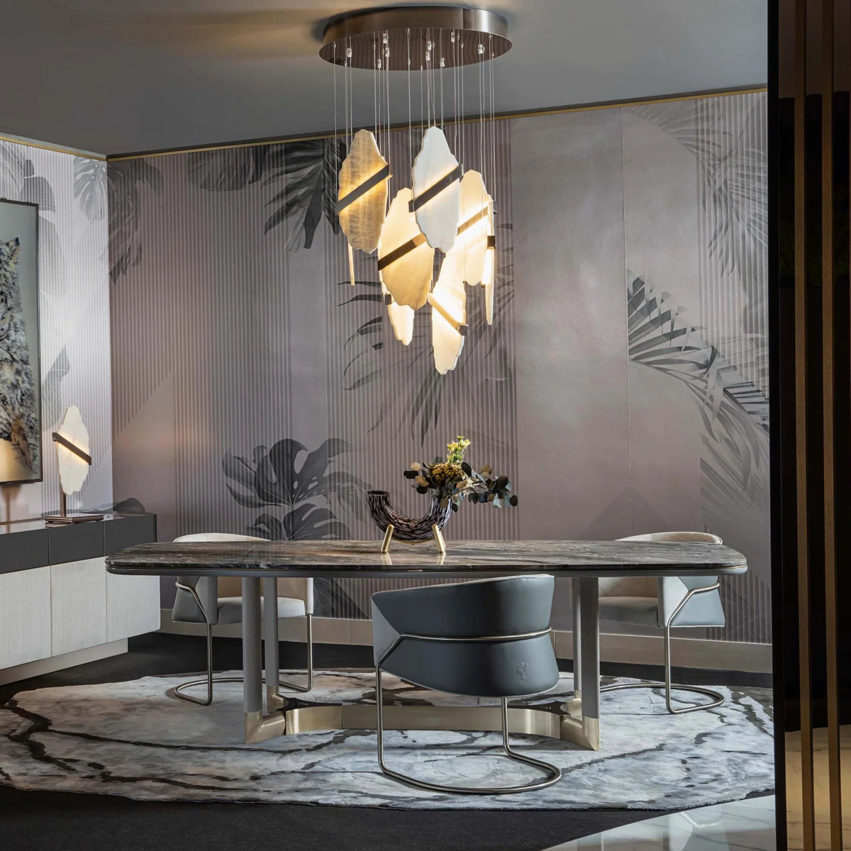 Auralith chandelier front view with marble accents and multi-tier crystal design, elegant luxury lighting
