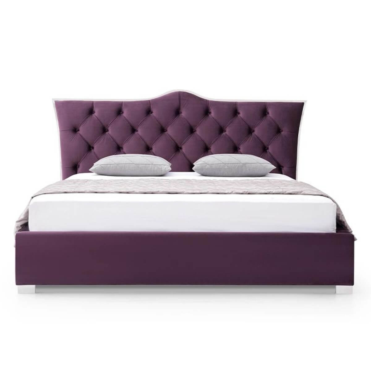 Front view of Aurora Luxe custom velvet bed featuring tufted headboard and plush, luxurious upholstery