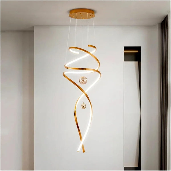 Aurora spiral chandelier with modern LED lighting – sleek spiral design creating dynamic ambient light in contemporary spaces.