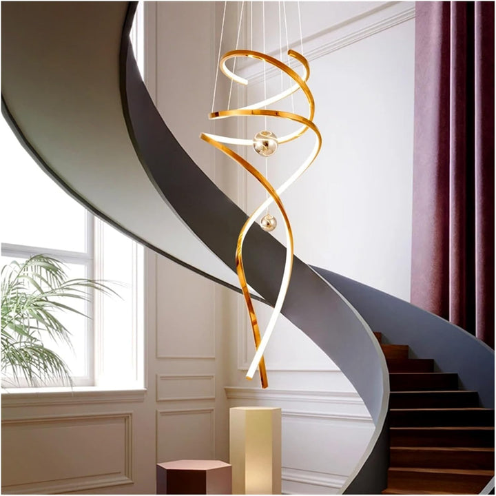 Aurora spiral chandelier with modern LED lighting – elegant curved design creating vibrant ambient illumination.