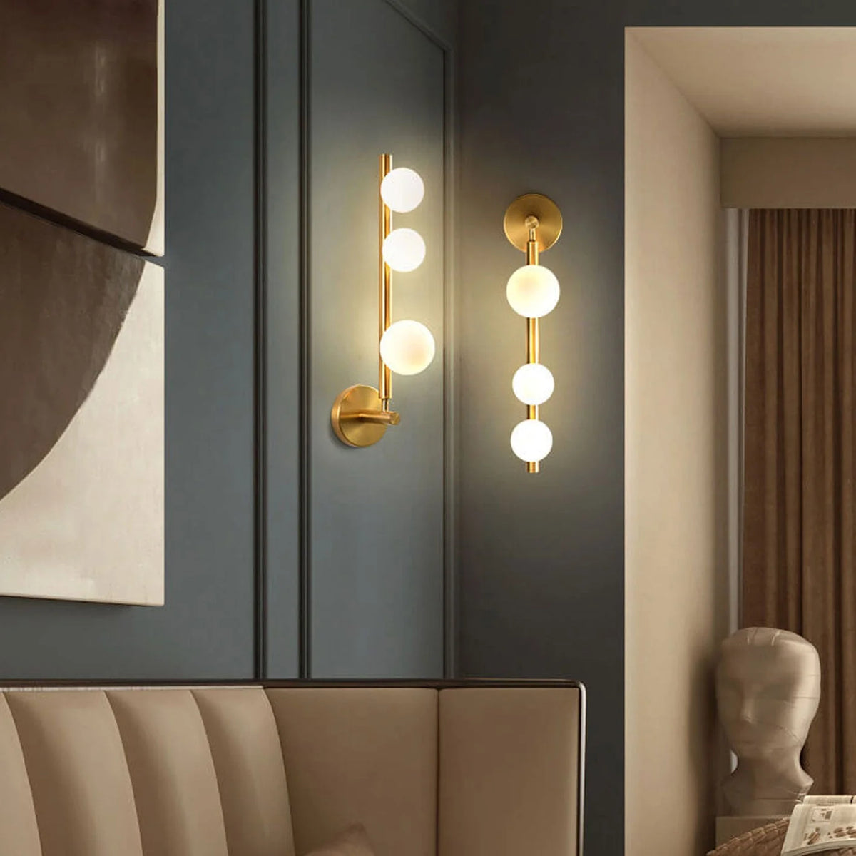 Aurora Trio Globe Wall Sconce light, modern metal and glass design with G9 bulb fixture