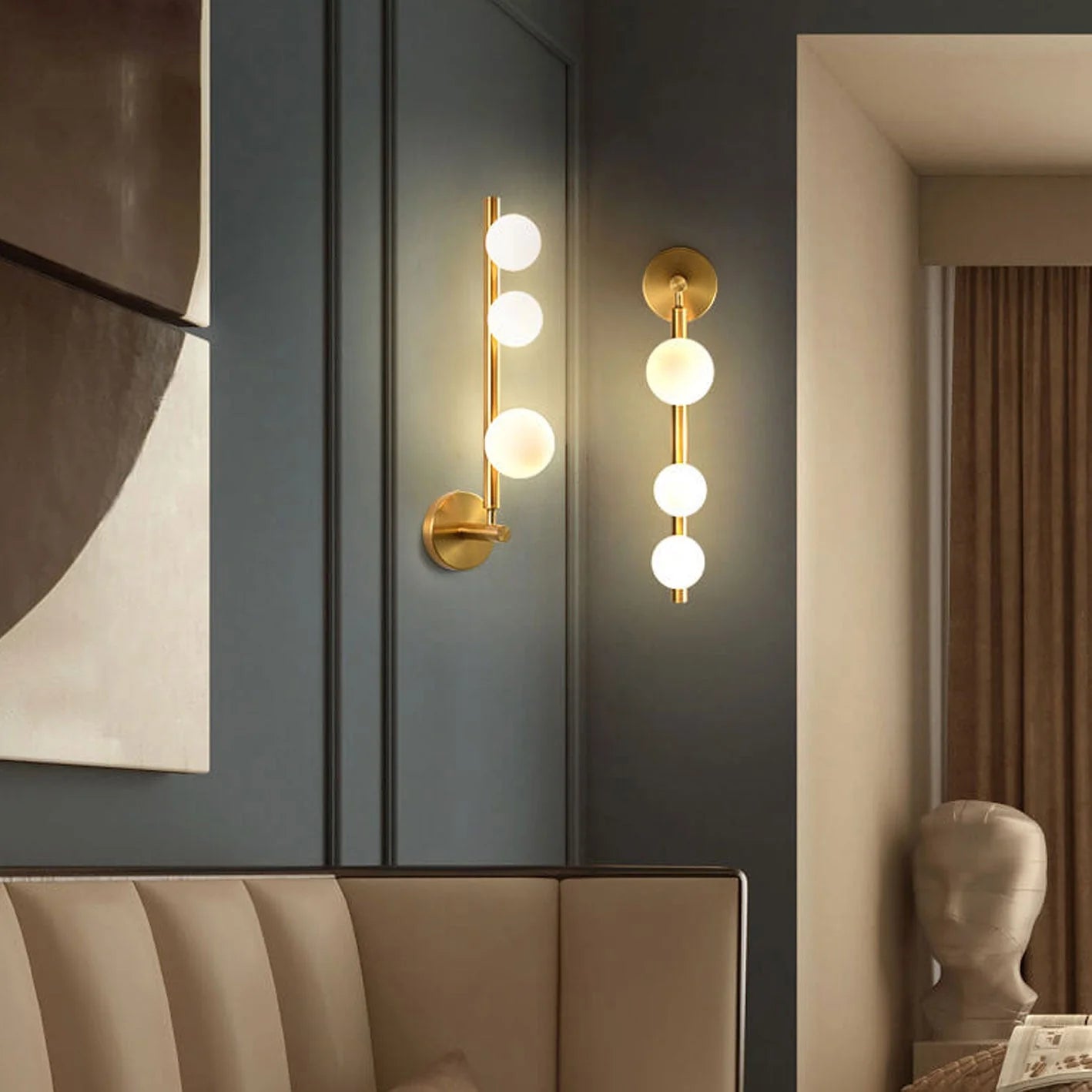 Aurora Trio Globe Wall Sconce light, modern metal and glass design with G9 bulb fixture