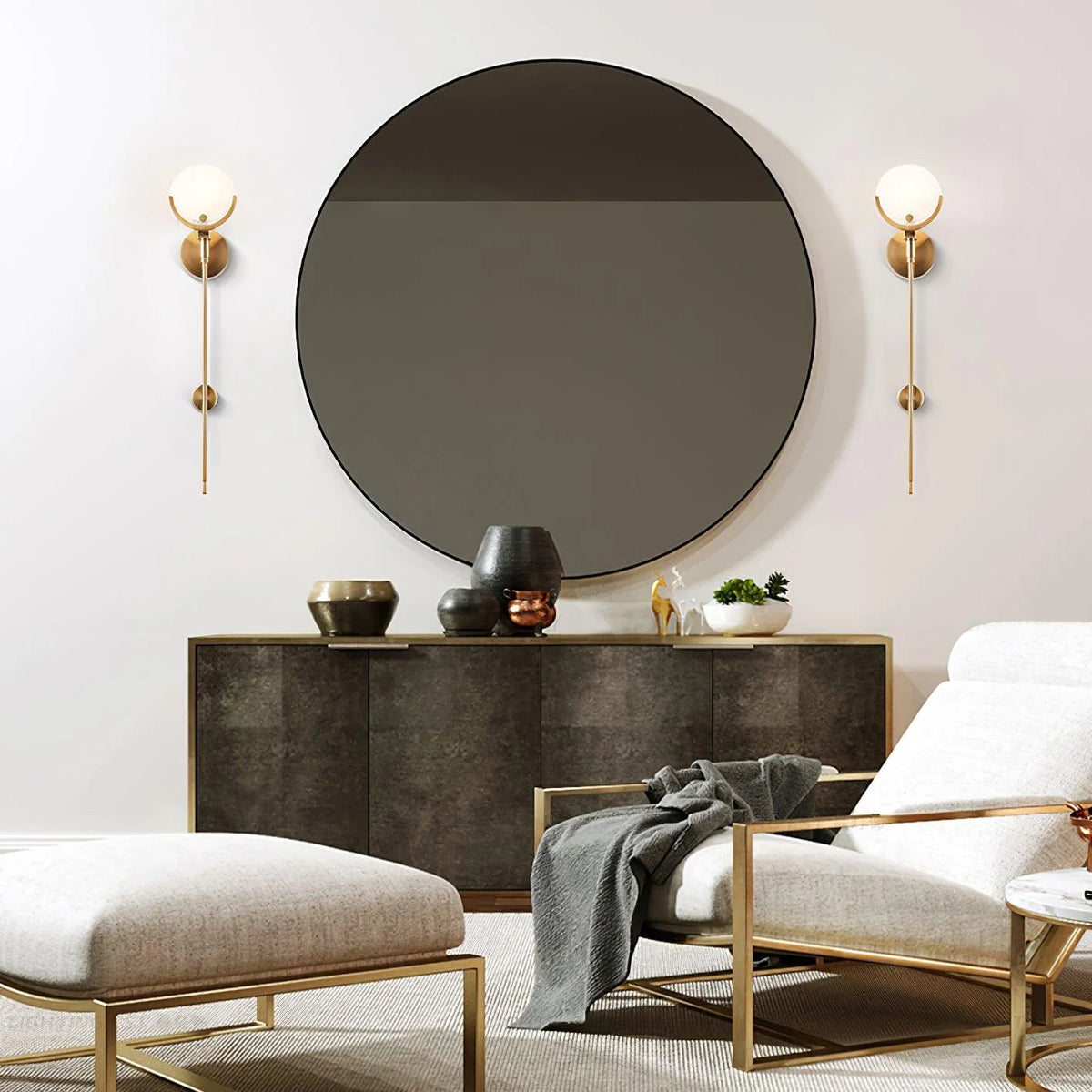 Ava brass wall lamp in living room, stylish wall-mounted lighting fixture for modern home interiors