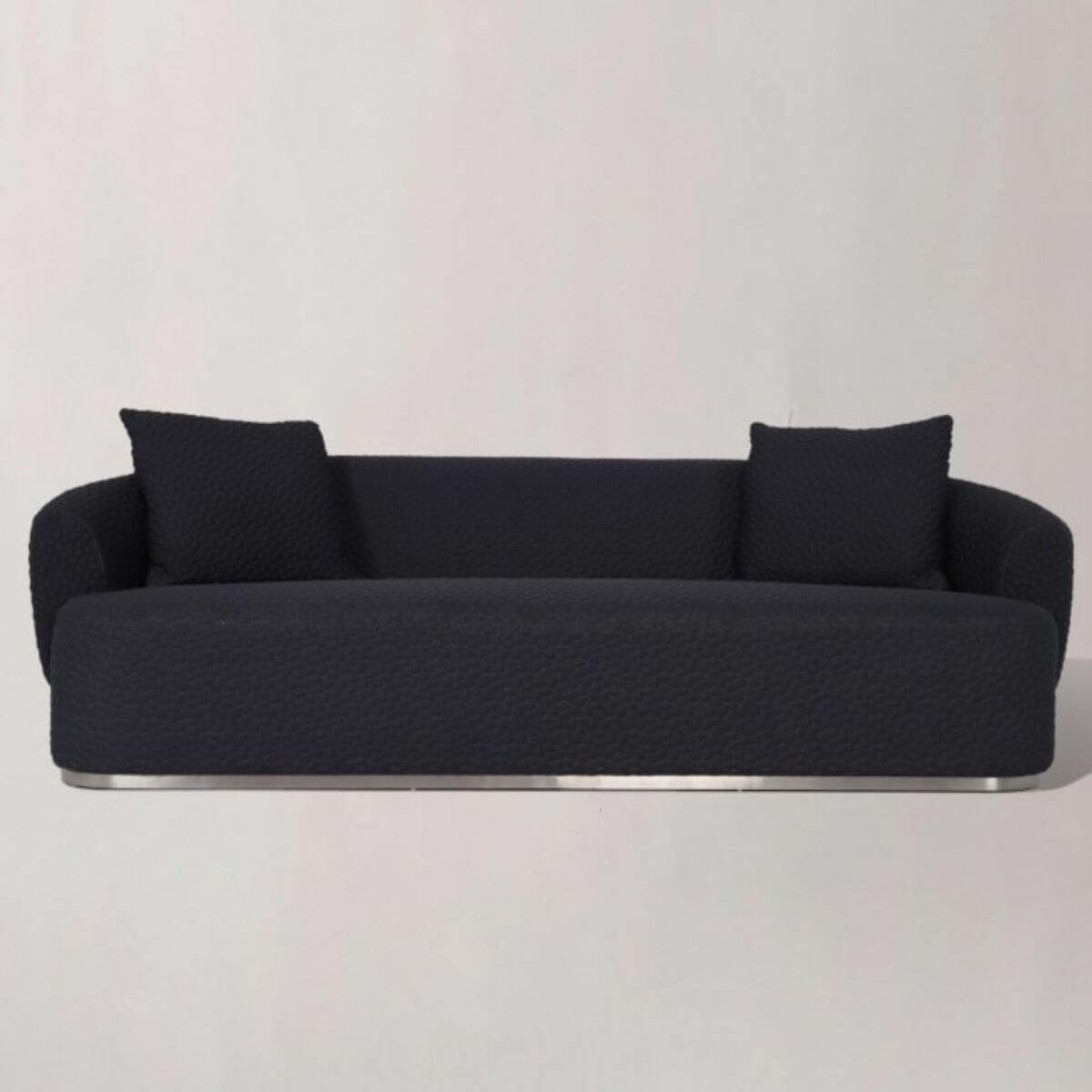Front view of bespoke Graceful Grove cotton linen three-seater sofa featuring clean lines and plush cushions