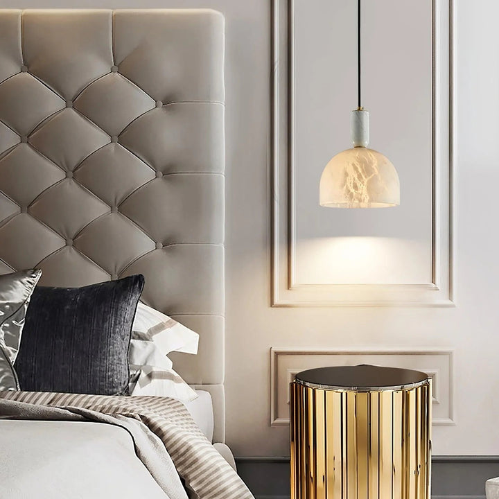 Blair alabaster pendant light bedside view showcasing modern elegant lighting for cozy bedroom ambiance