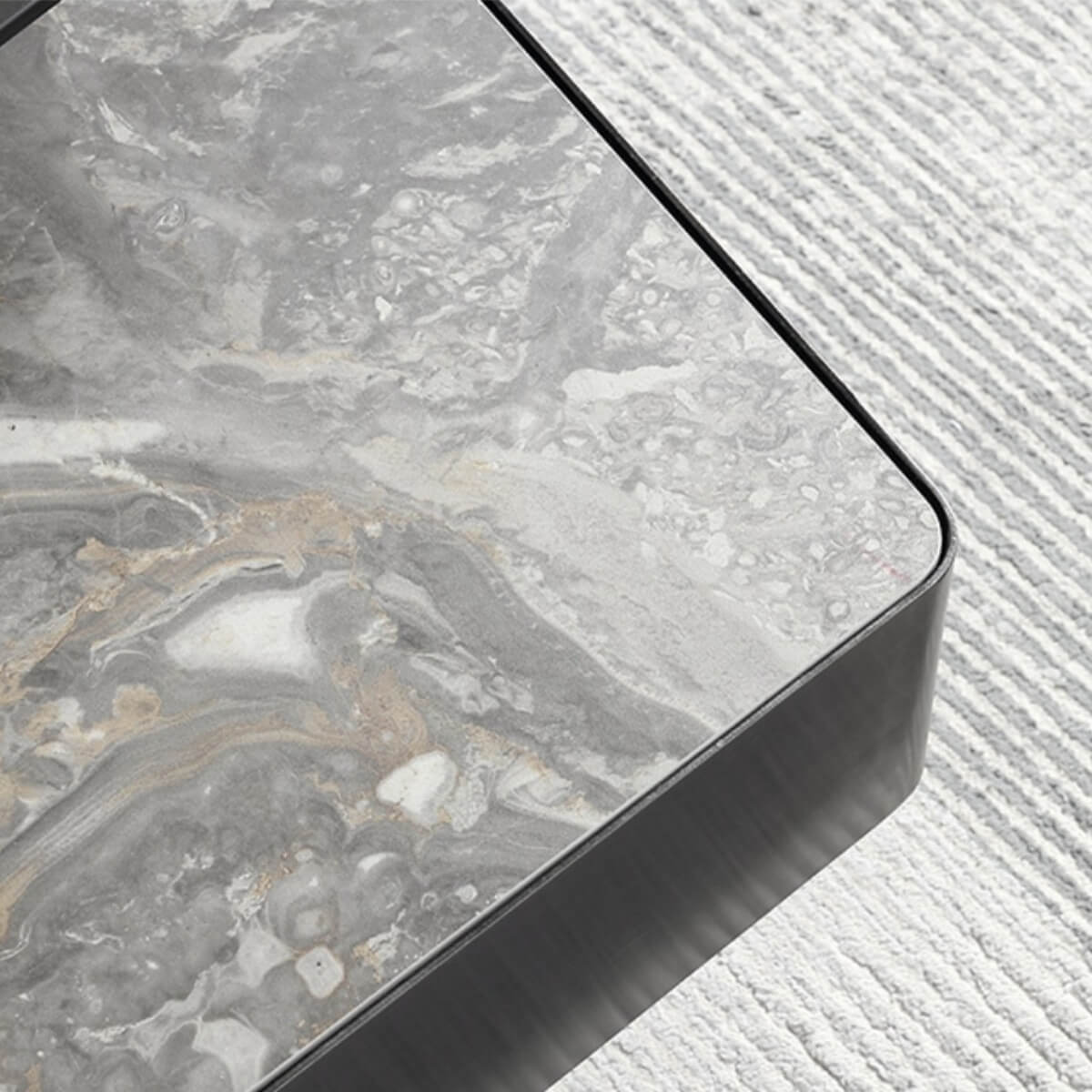 Close-up view of Blanco coffee table featuring marble top and toughened glass with elegant details