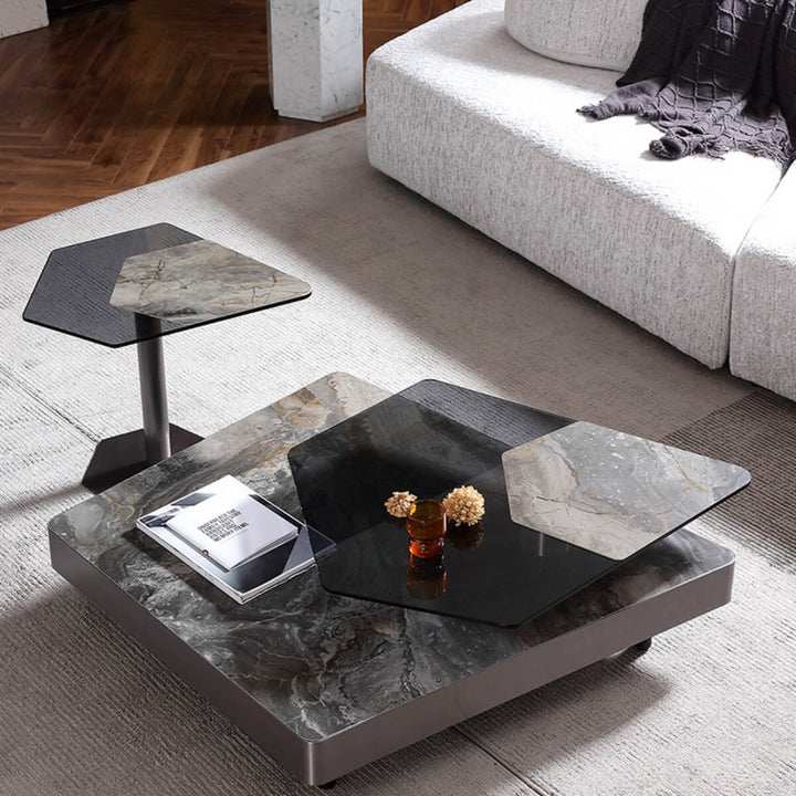Angled view of Blanco coffee table with marble top and toughened glass, highlighting modern elegance