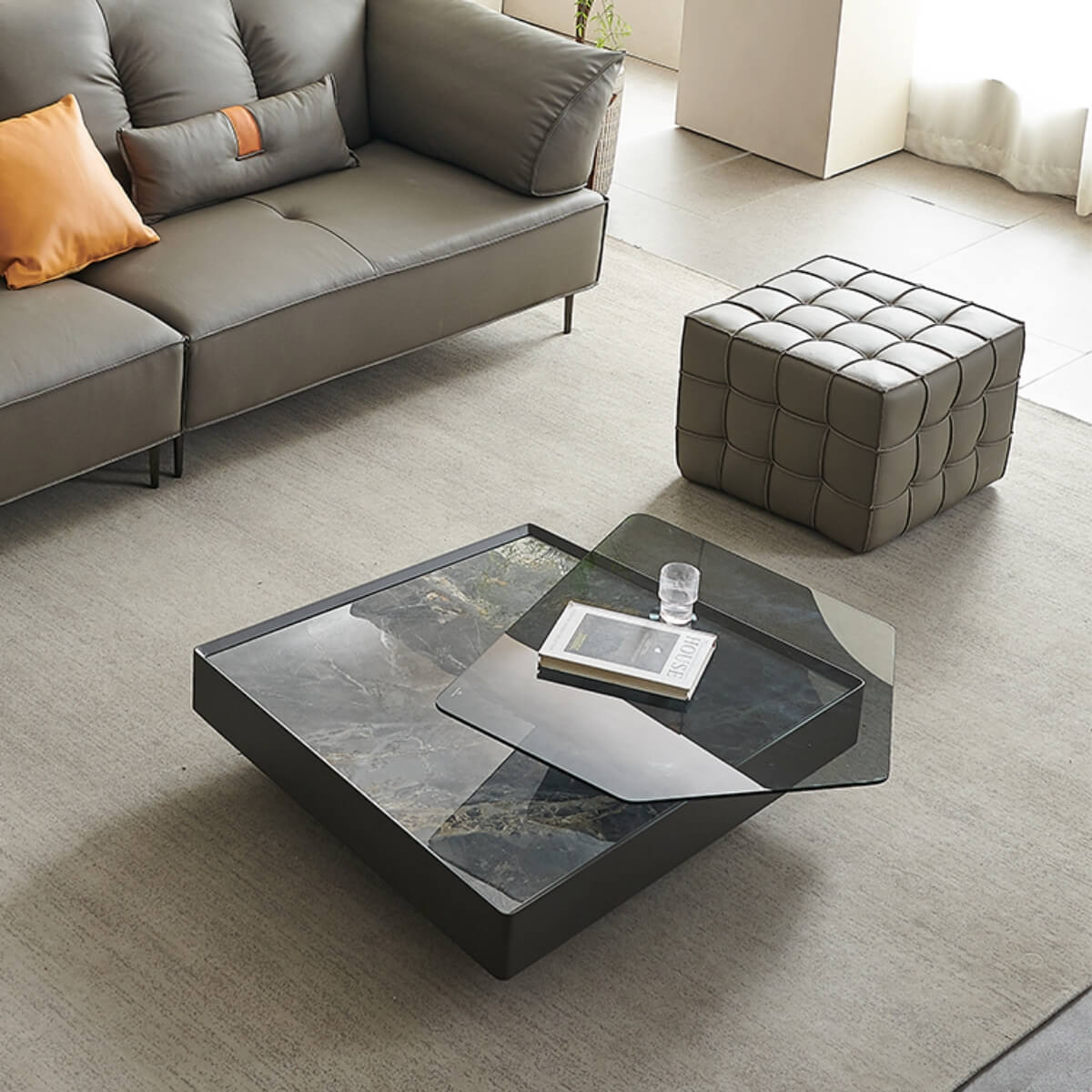 Top view of Blanco coffee table with marble top and toughened glass, highlighting sleek modern style