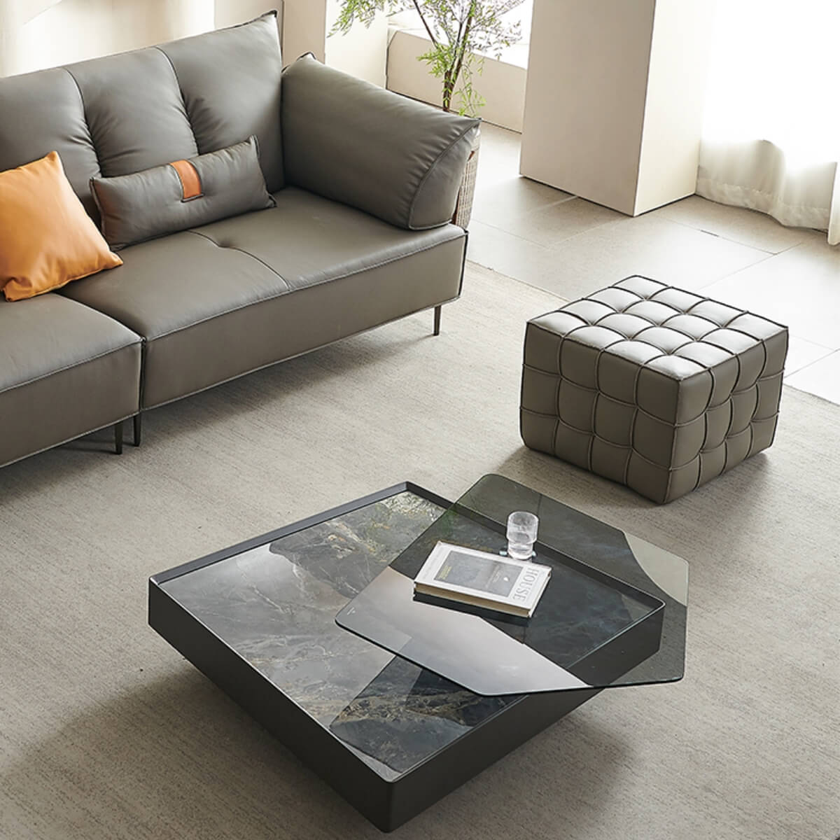 Angled above view of Blanco coffee table with marble top and toughened glass, showcasing modern design