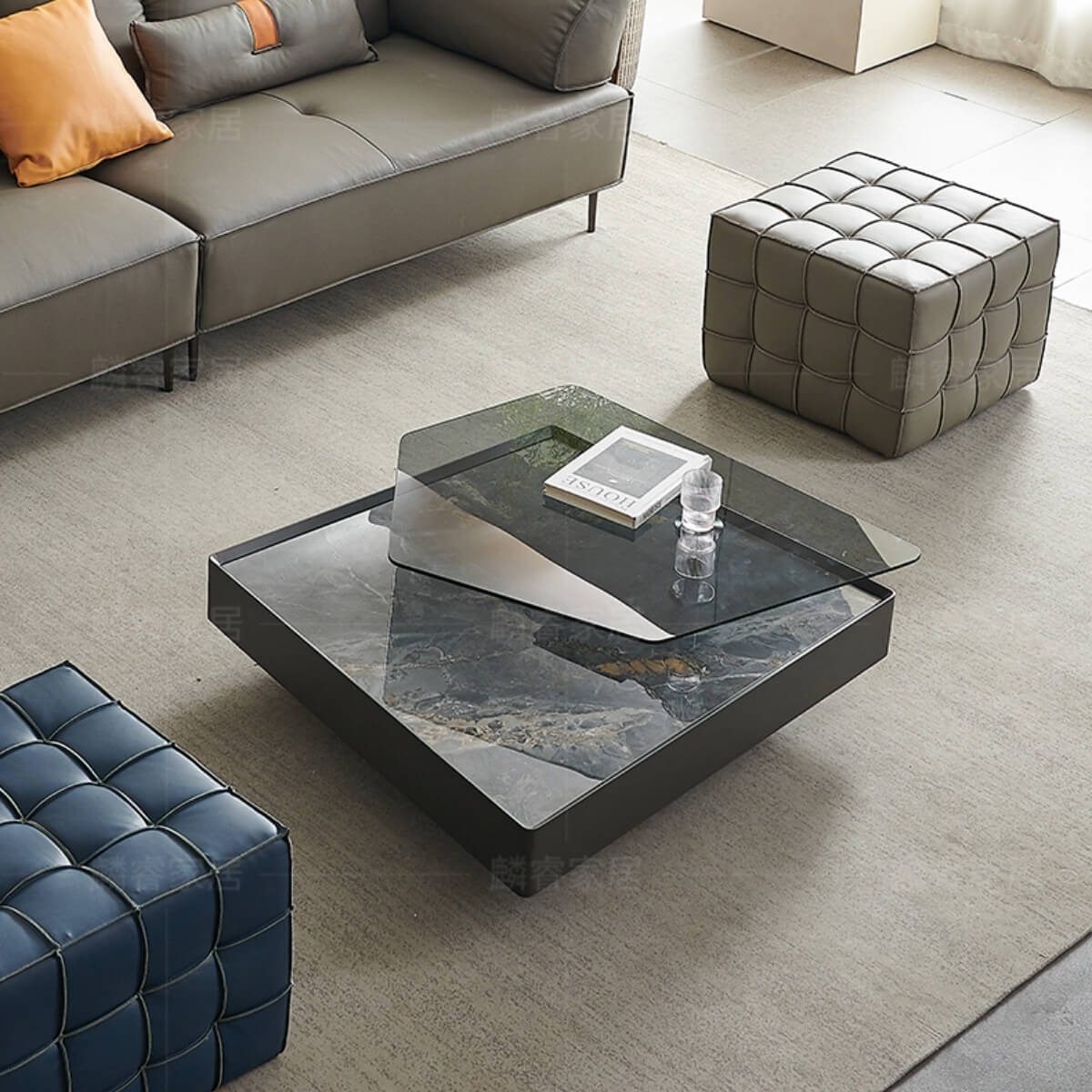 Top view of Blanco coffee table with marble top and toughened glass, showcasing sleek modern design