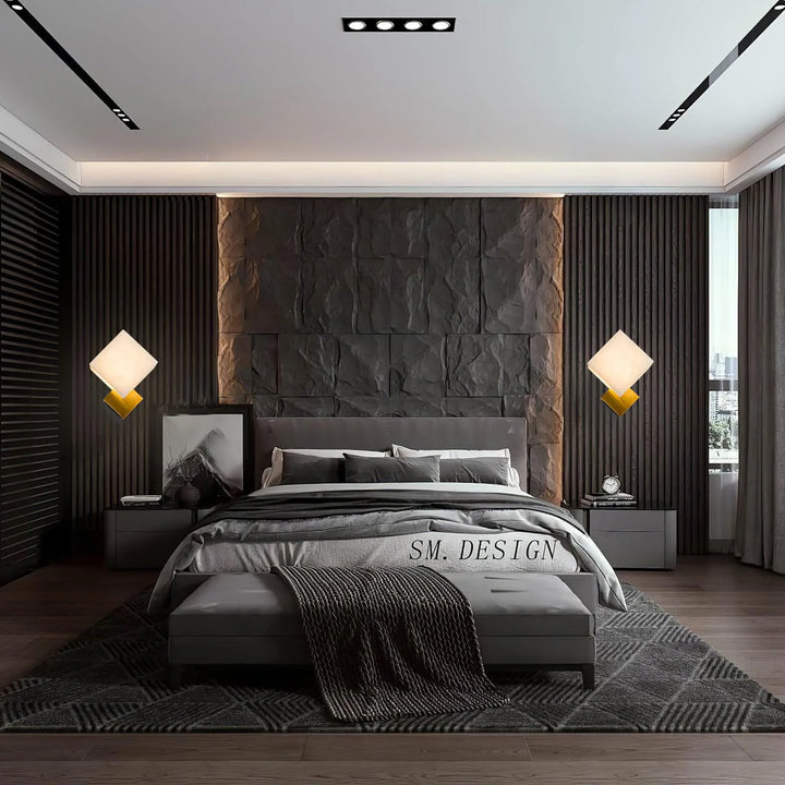 Block modern alabaster wall sconce front view, elegant contemporary design for stylish home interiors