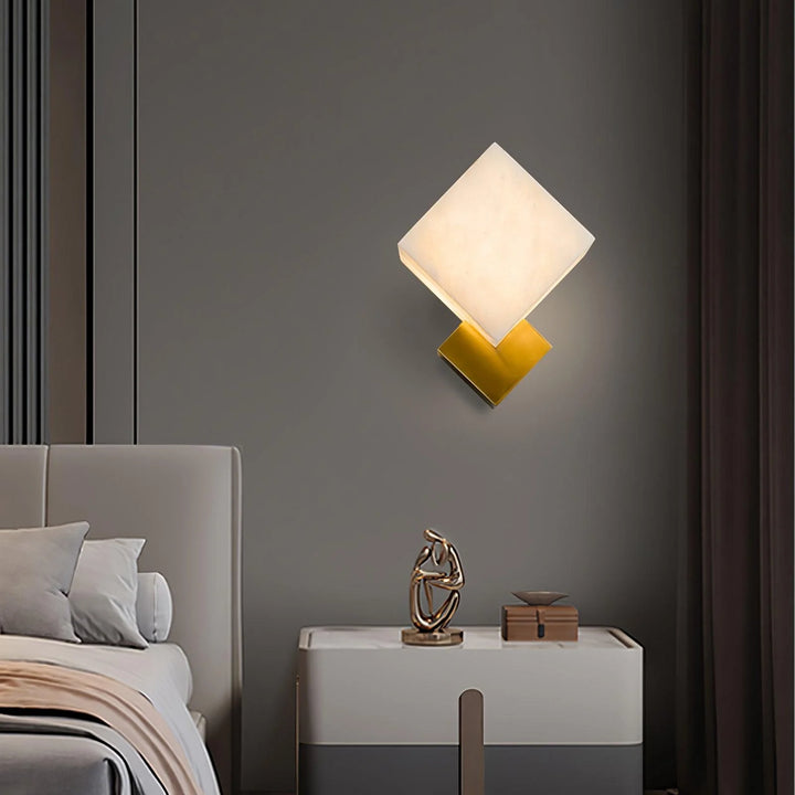 Block modern alabaster wall sconce bedside side view, elegant contemporary design for stylish bedroom interiors