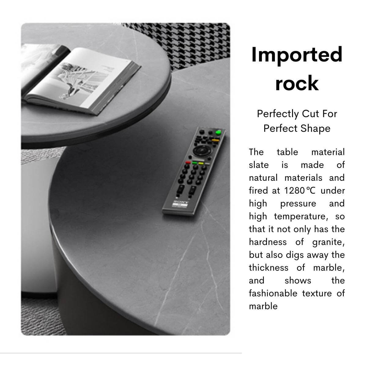 Blox coffee table with imported rock slate top, featuring perfect cut and marble-like texture