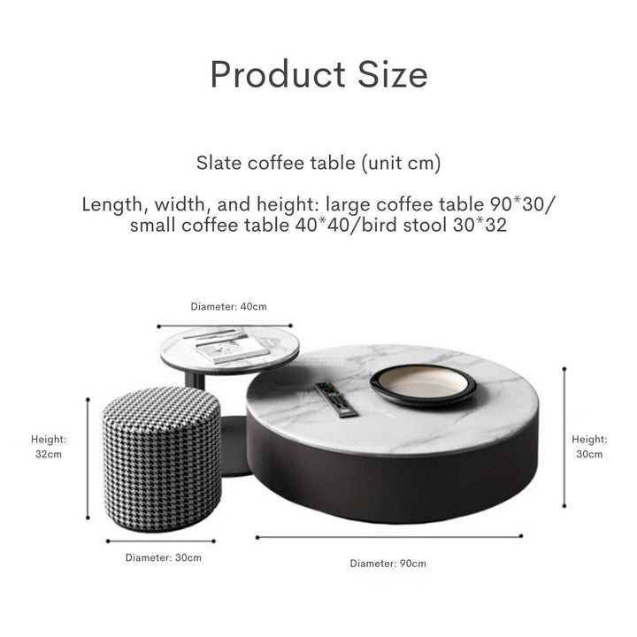 Blox coffee table size details with large and small tables, bird stool, and Italian slate design