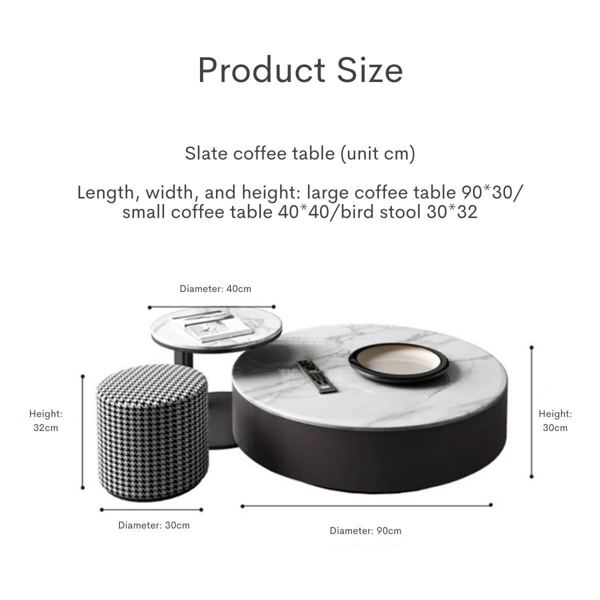 Blox coffee table size details with large and small tables, bird stool, and Italian slate design