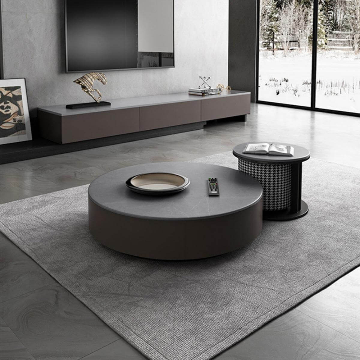 Side angle view of Blox coffee table highlighting elegant slate top and contemporary design