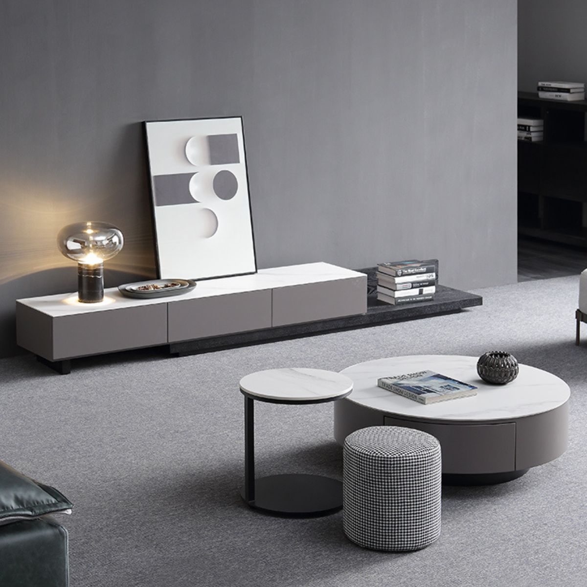 Angle view of Blox coffee table featuring modern design with Italian slate top and storage drawer