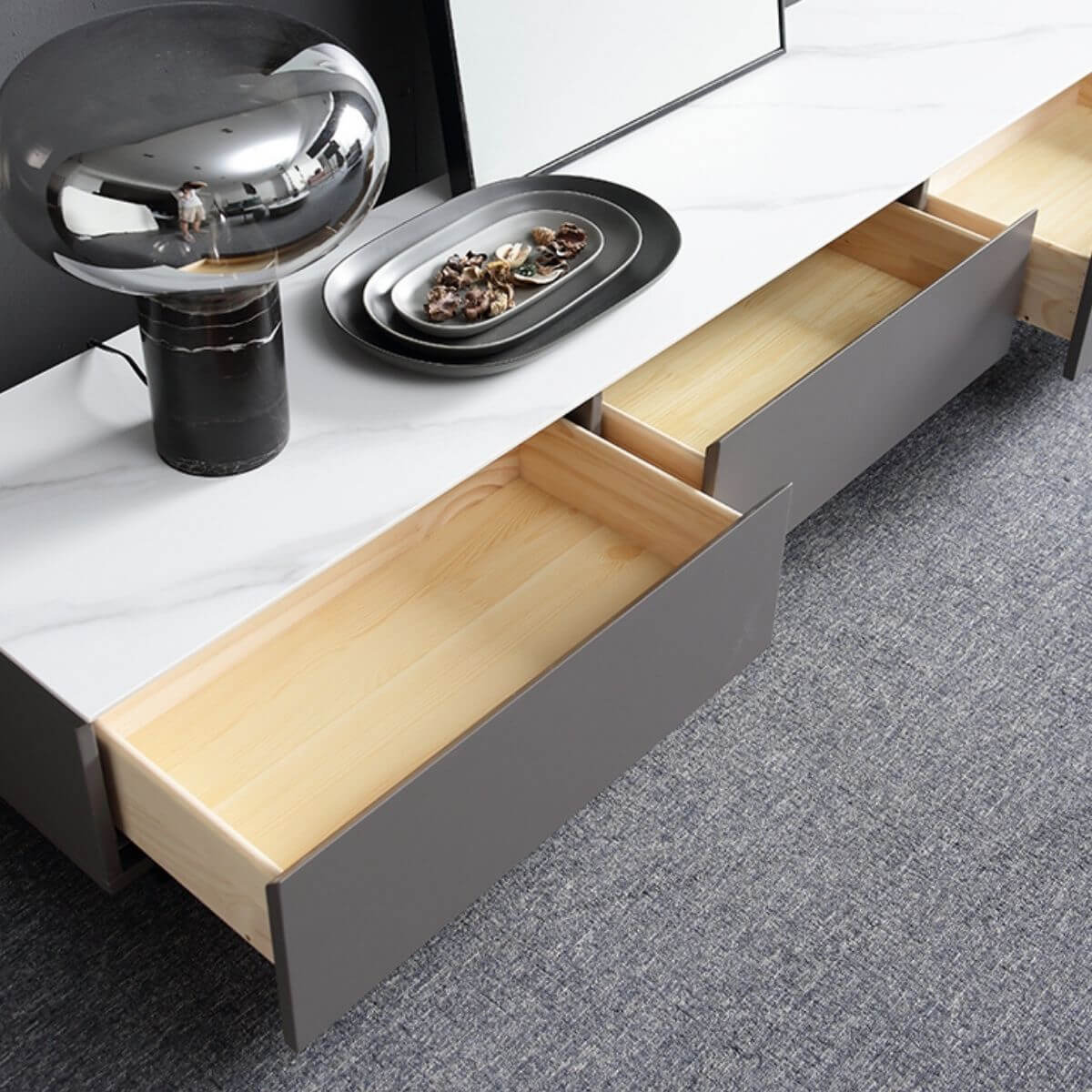 Blox coffee table drawer open, revealing spacious storage with modern stylish design