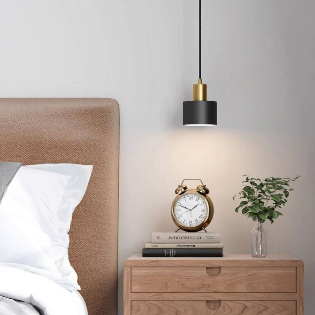 Close-up view of Brilliance chandelier with metal and glass, modern design for bedroom table lighting