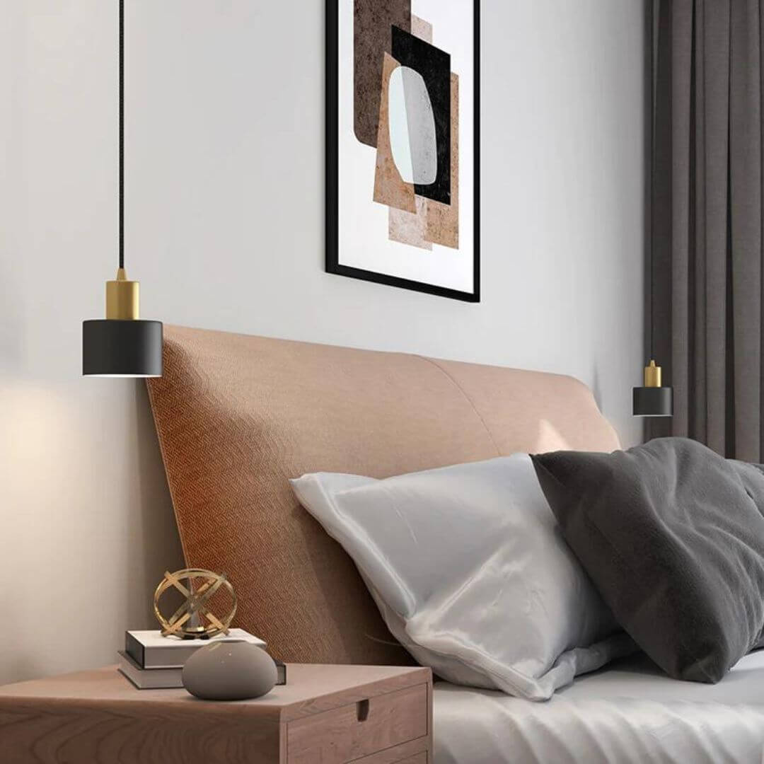Side view of Brilliance chandelier featuring metal and glass in a modern room setting
