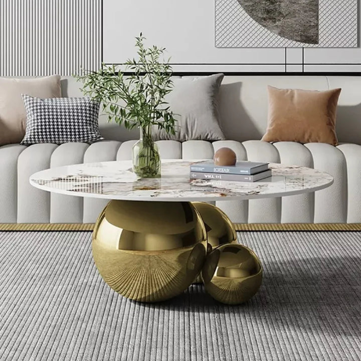 Front view of bubble coffee table in modern living room highlighting elegant contemporary design