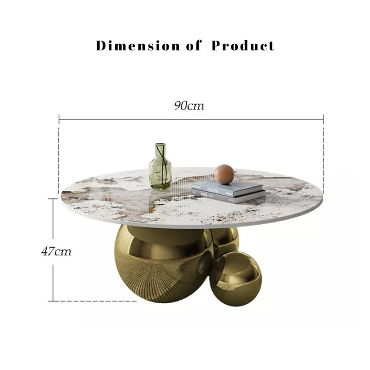 Bubble coffee table in modern living room with detailed size and dimension specifications