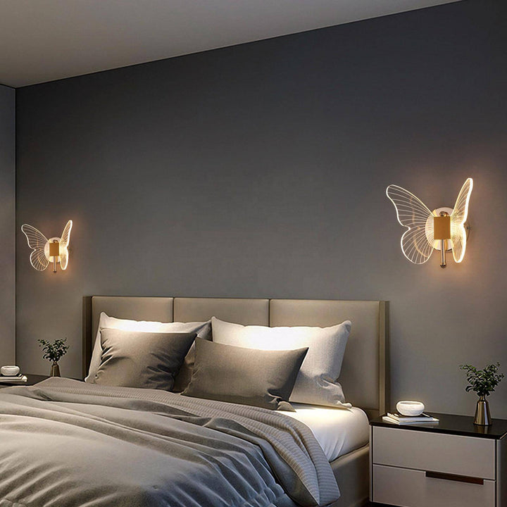 Butterfly LED bedside light installed beside bed in hallway, featuring modern design and soft ambient glow
