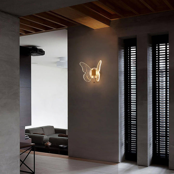 Butterfly LED bedside light mounted in hallway, casting soft ambient glow with modern design