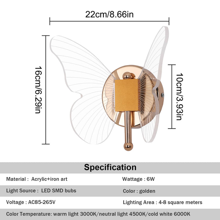 Butterfly LED bedside light in hallway design with visible dimensions, showcasing sleek modern style and compact size
