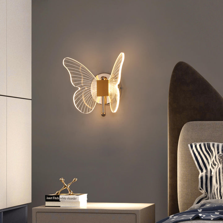 Butterfly LED bedside light beside bed in hallway, featuring soft warm glow and sleek modern design