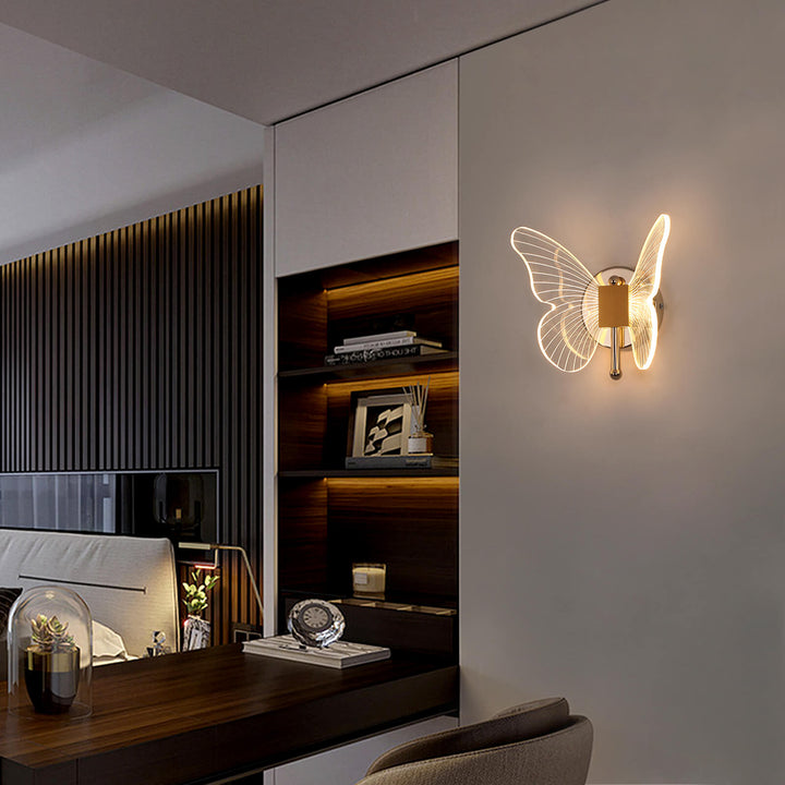 Butterfly LED bedside light mounted near work table in hallway, providing focused and stylish lighting