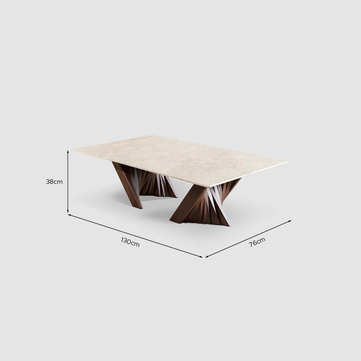 Cadence coffee table with solid wood base, detailed dimensions for custom modern living room design