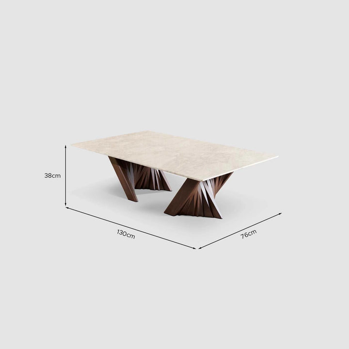 Cadence coffee table with solid wood base, detailed dimensions for custom modern living room design
