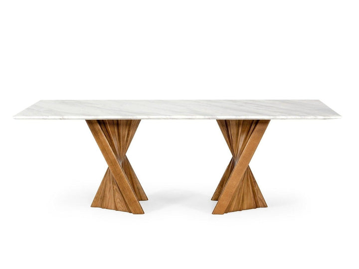 Cadence walnut and marble dining table, modern elegant design combining natural wood and marble top