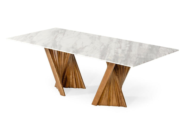 Cadence walnut and marble dining table, sleek modern design with natural wood and marble top