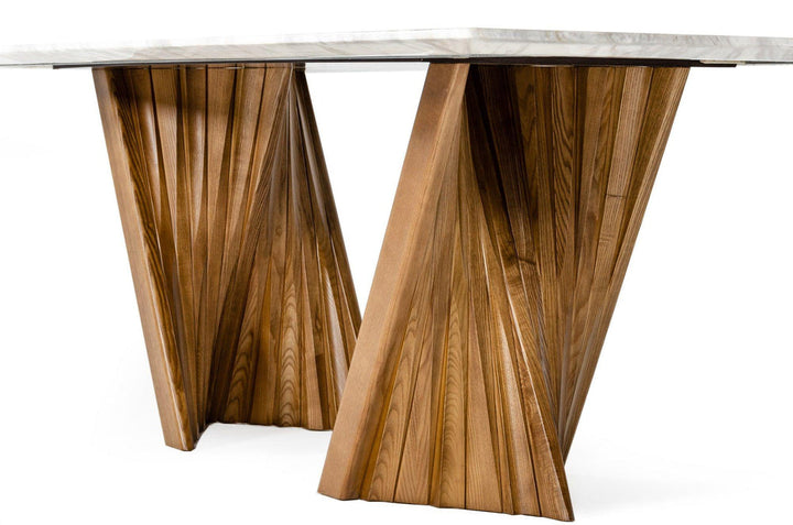 Cadence walnut and marble dining table with wood stand, modern elegant design for stylish dining rooms