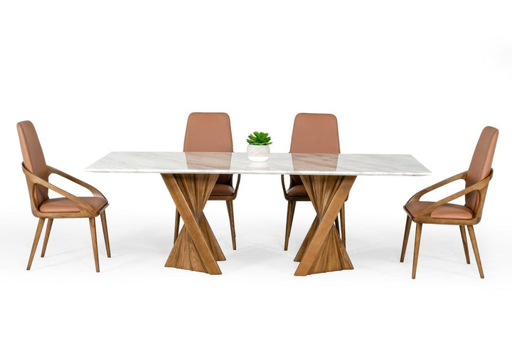 Cadence walnut and marble dining table, sleek design with natural wood base and marble top