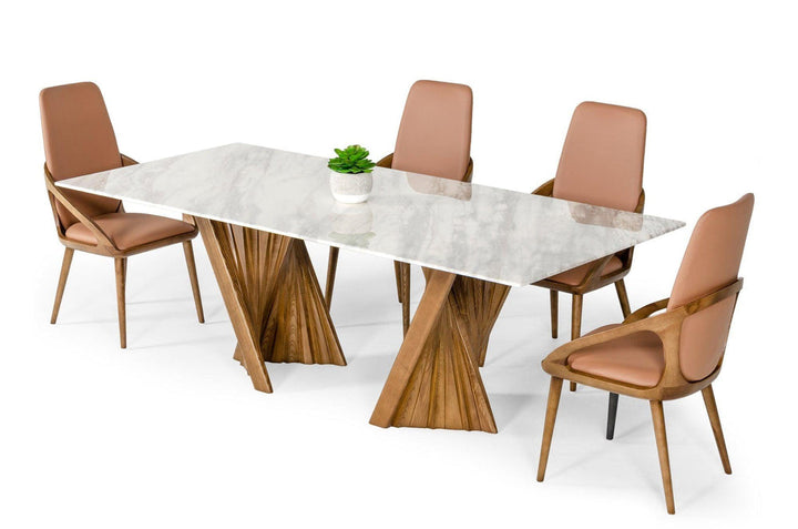 Right side view of Cadence walnut and marble dining table model 5, modern elegant design with wood base
