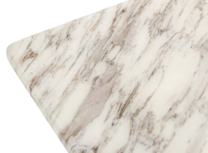 Detailed view of Cadence walnut and marble dining table, showcasing craftsmanship and material quality