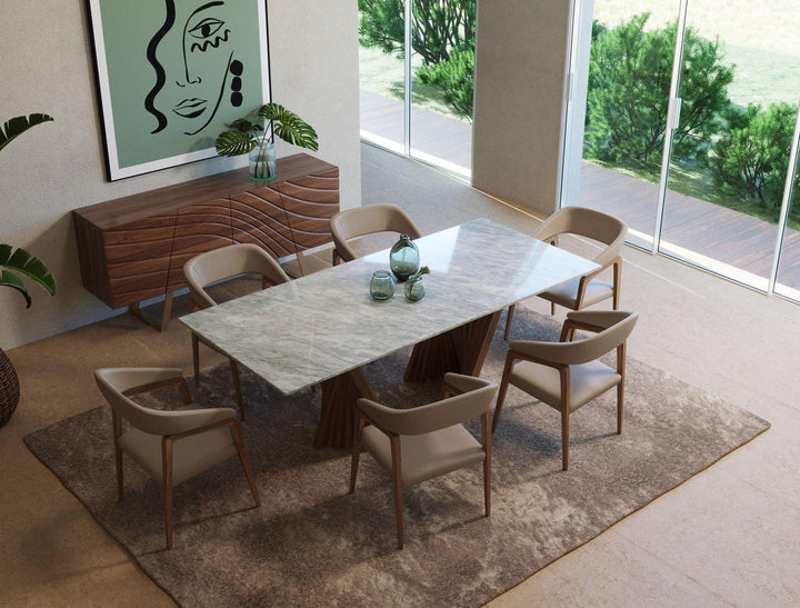 Upper left side view of Cadence walnut and marble dining table, highlighting sleek modern design