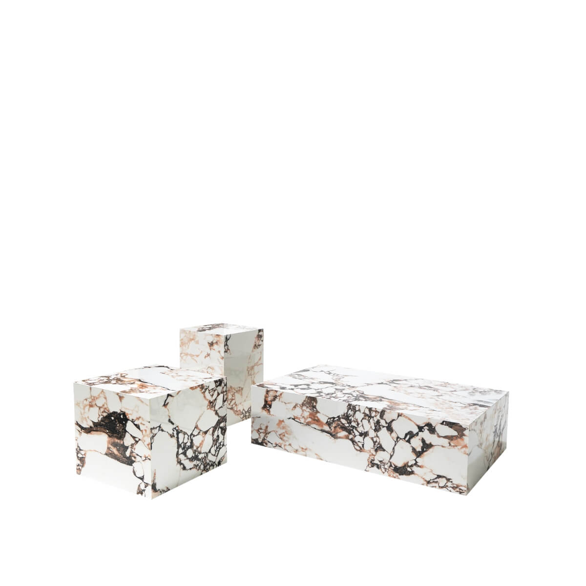 Front view of Calacatta Viola marble stone coffee table set highlighting elegant design