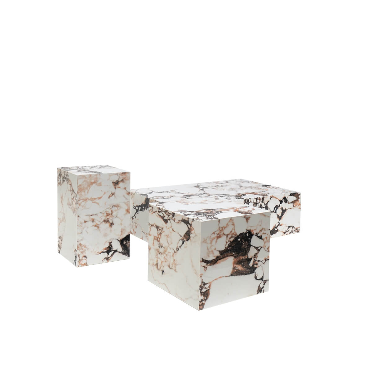 Front view of Calacatta Viola marble stone coffee table set with luxurious modern design